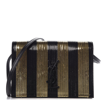 Saint Laurent Metallic Calfskin Striped Small Monogram Kate Satchel Black Gold 1 of 7