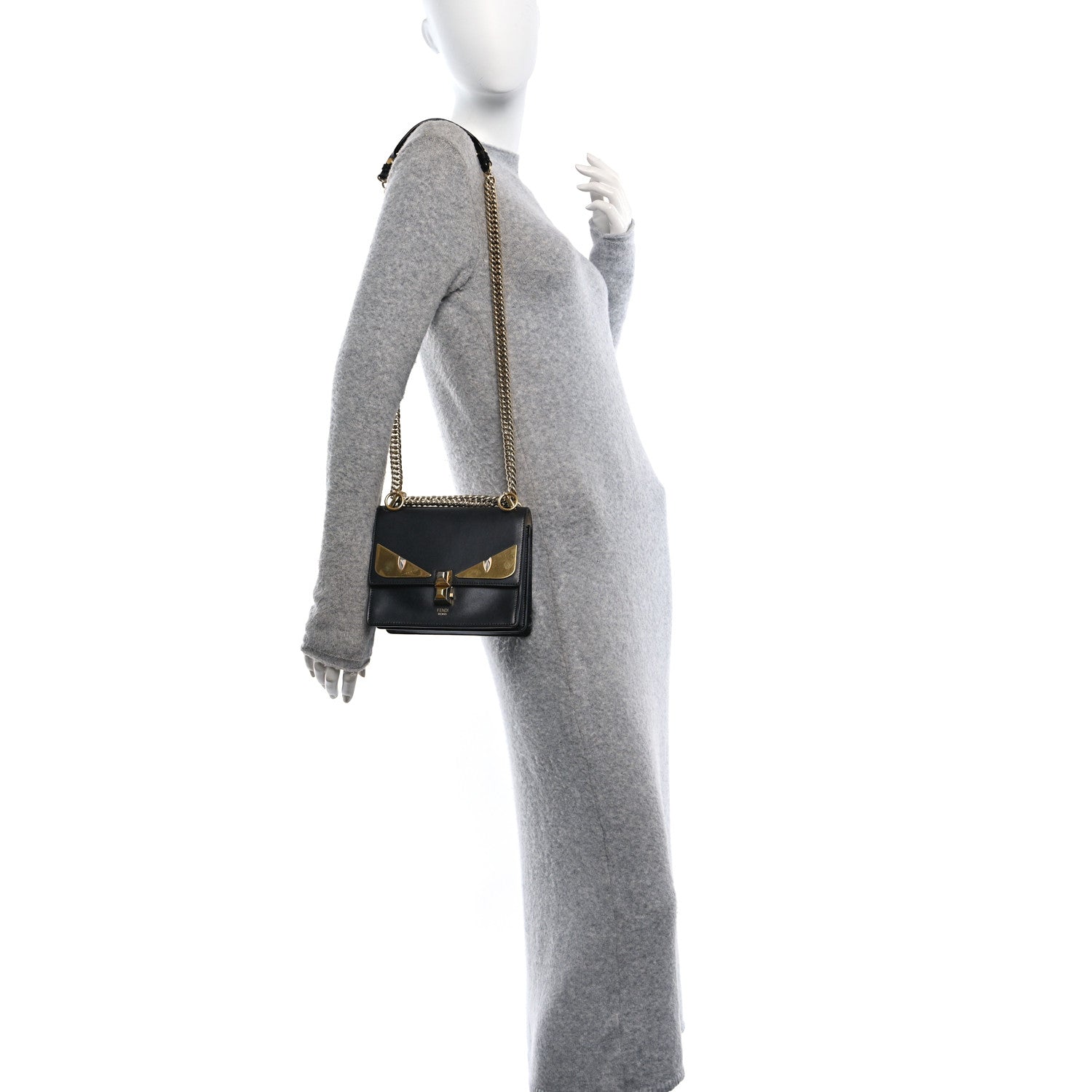 Fendi Vitello Liberty Metal Monster Eyes Small Kan I Shoulder Bag Black Gold 2 of 10
