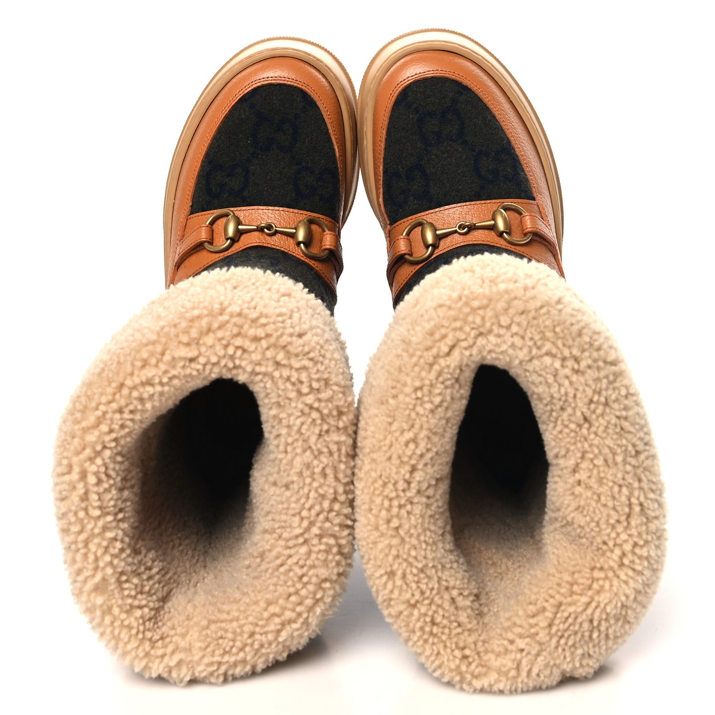 Covered Wool Monogram Textured Dollar Calfskin Shearling Horsebit Snow Boots 36.5 Underwood Blue Hazel Brown