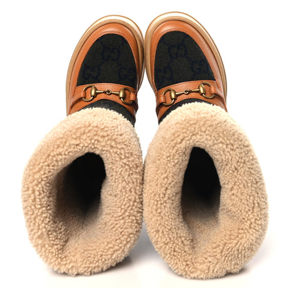 Gucci Covered Wool Monogram Textured Dollar Calfskin Shearling Horsebit Snow Boots 36.5 Underwood Blue Hazel Brown 2 of 9
