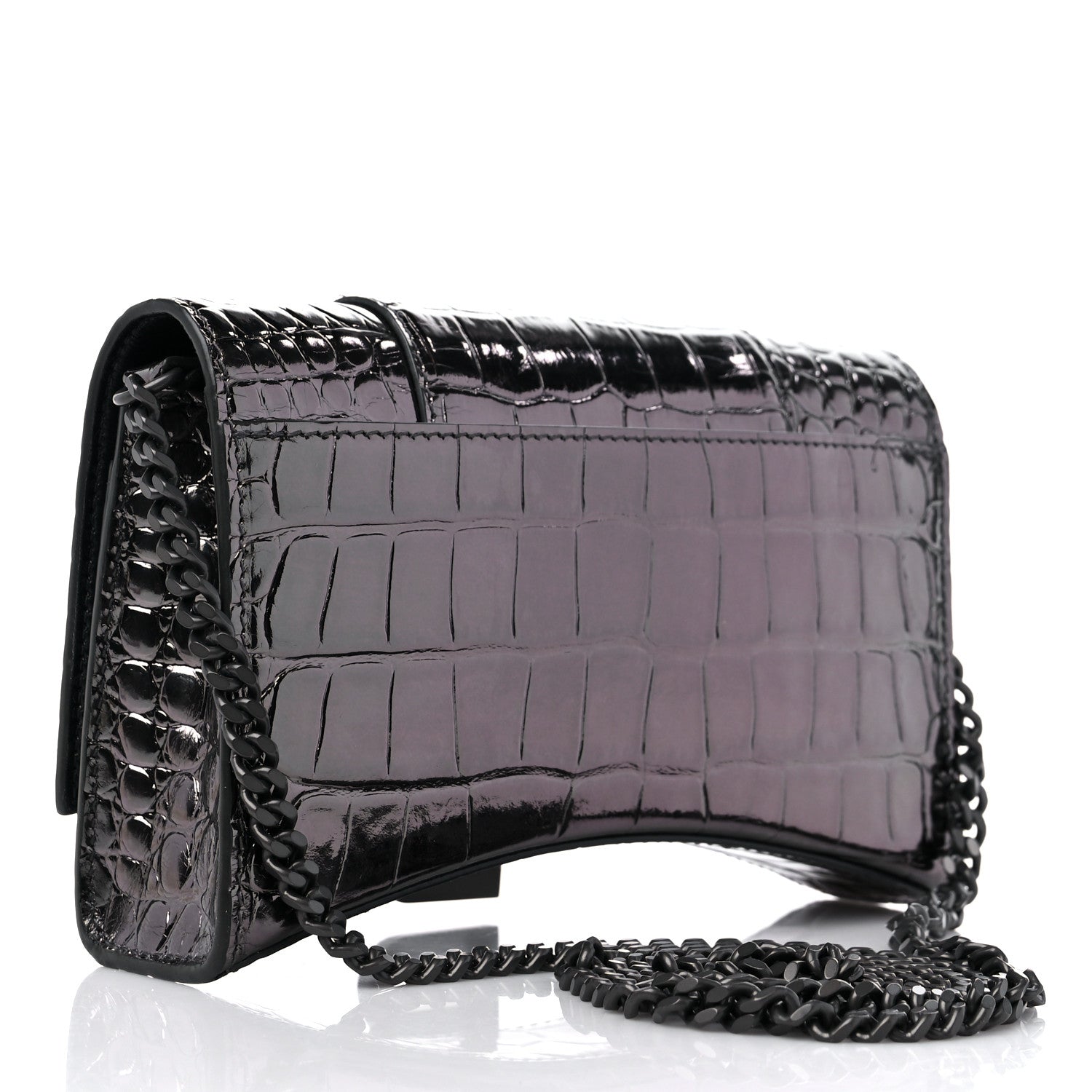 Balenciaga Shiny Calfskin Crocodile Embossed Hourglass Chain Bag Gunmetal 3 of 10