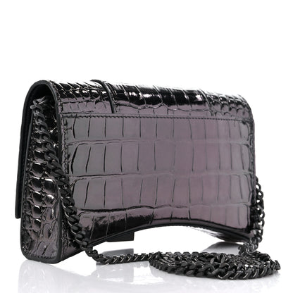 Balenciaga Shiny Calfskin Crocodile Embossed Hourglass Chain Bag Gunmetal 3 of 10