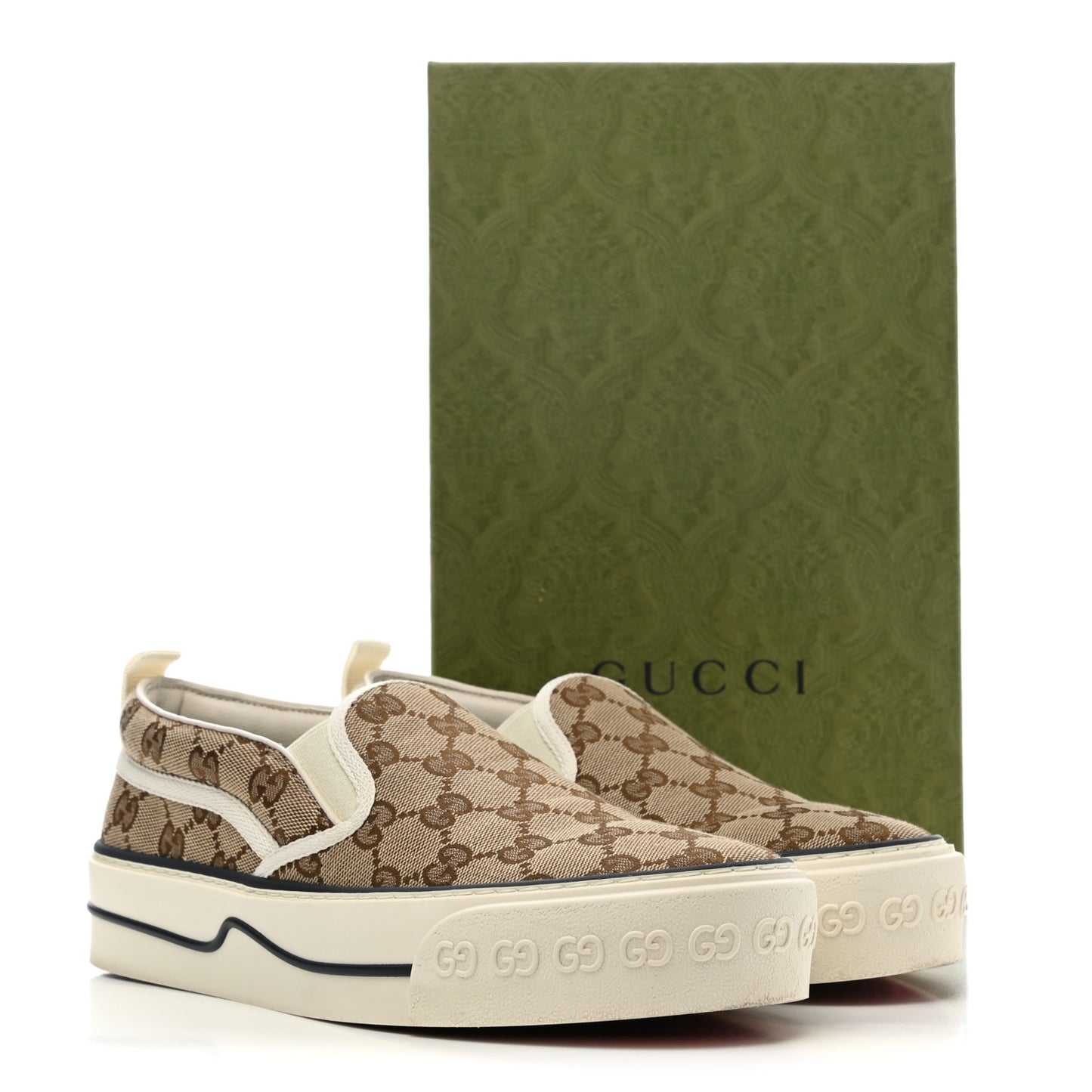 GG Monogram Womens 1977 Tennis Slip On 30mm Sneakers 39 Beige Ebony Mystic White