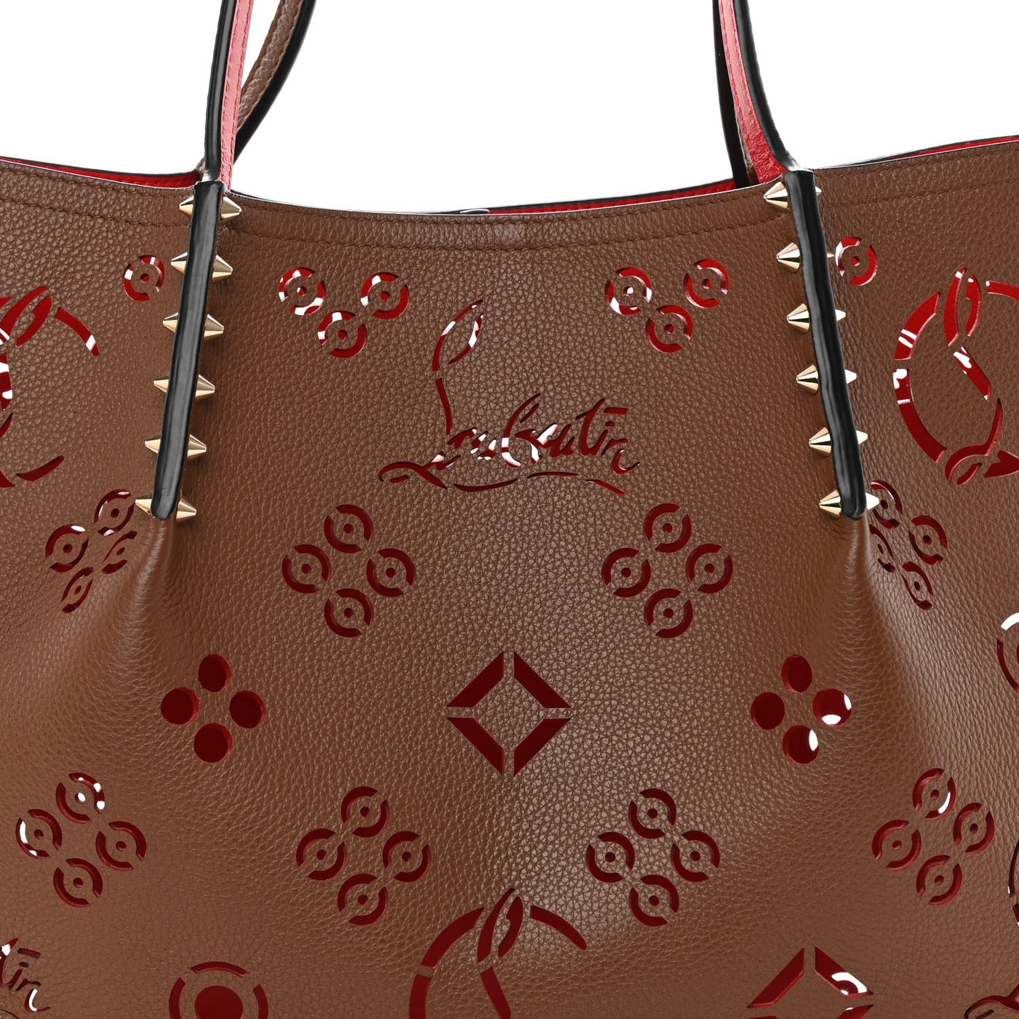 Calfskin Loubinthesky Small Perforated Cabarock Spikes Tote Biscotto