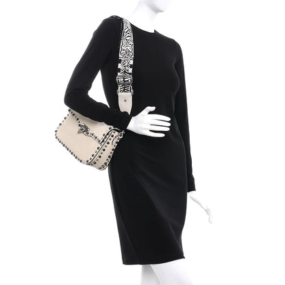 Valentino Garavani Pebbled Calfskin Onyx Medium Guitar Strap Rockstud Rolling Flap Saddle Bag Ivory 2 of 9