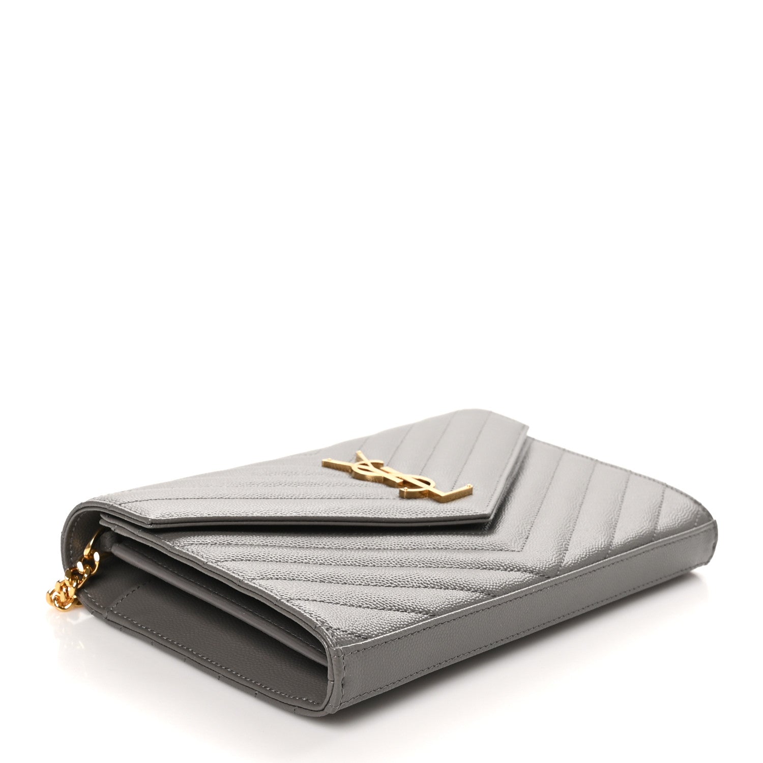 Saint Laurent Grain De Poudre Matelasse Chevron Monogram Chain Wallet Fog 4 of 10