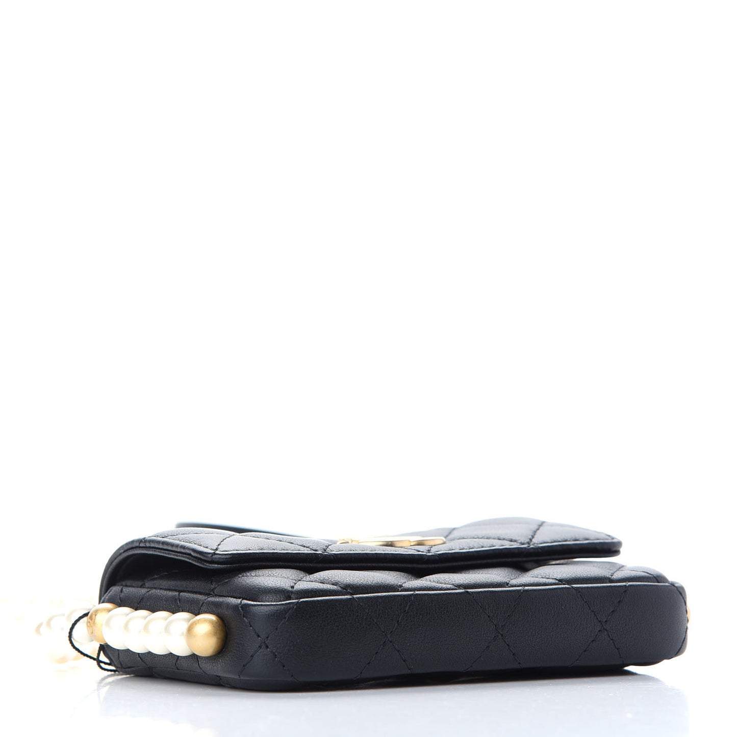 Calfskin Quilted About Pearls Card Holder Flap With Chain Black