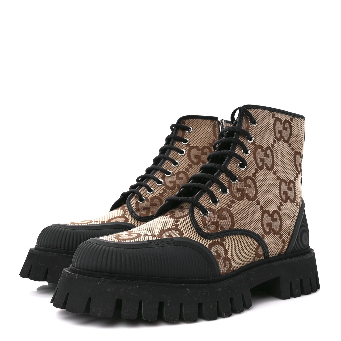 Monogram Jumbo GG Miro Soft Calfskin Mens Lace Up Combat Boots 9 Camel Ebony Black
