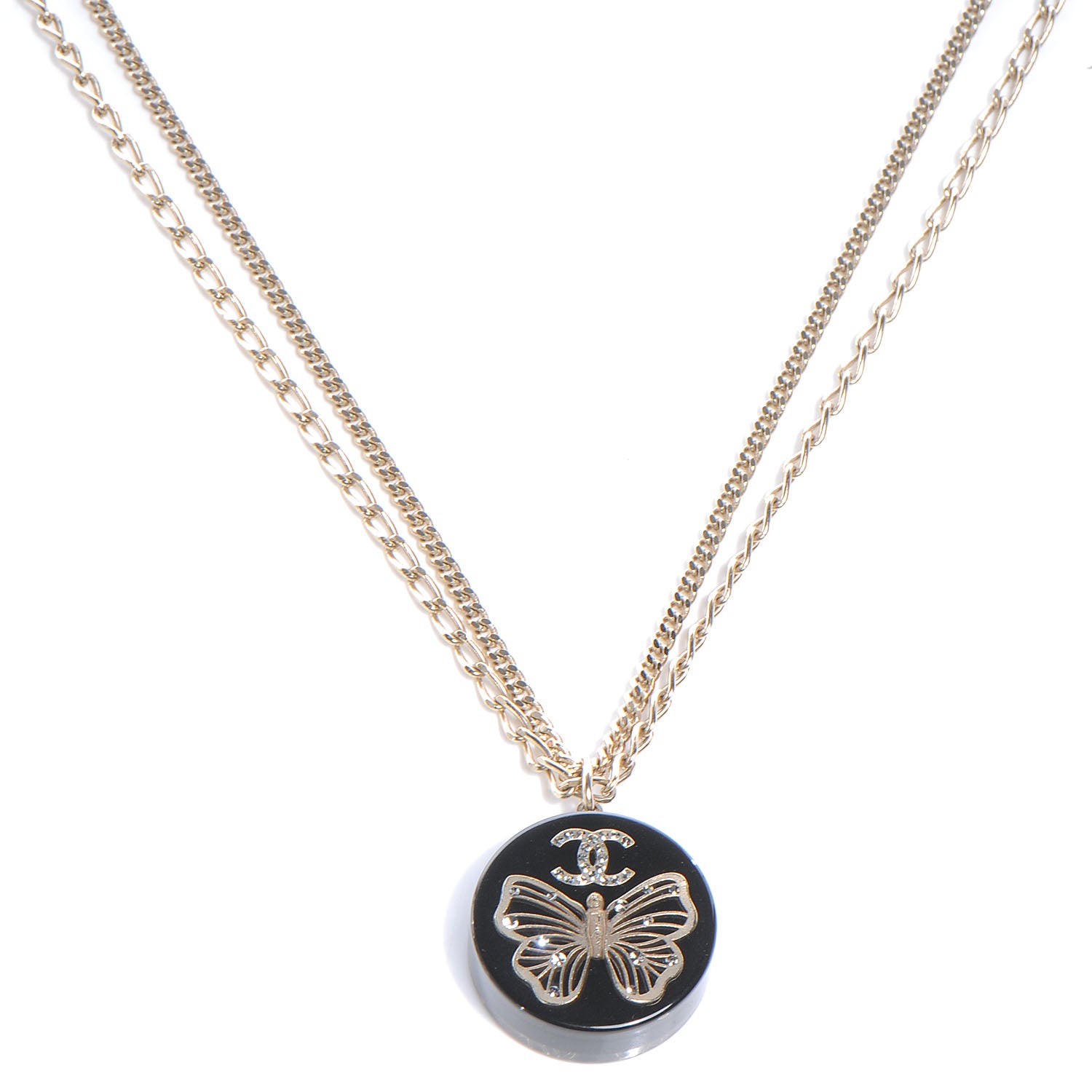 Chanel Crystal Resin Butterfly CC Pendant Necklace Black Gold 1 of 5