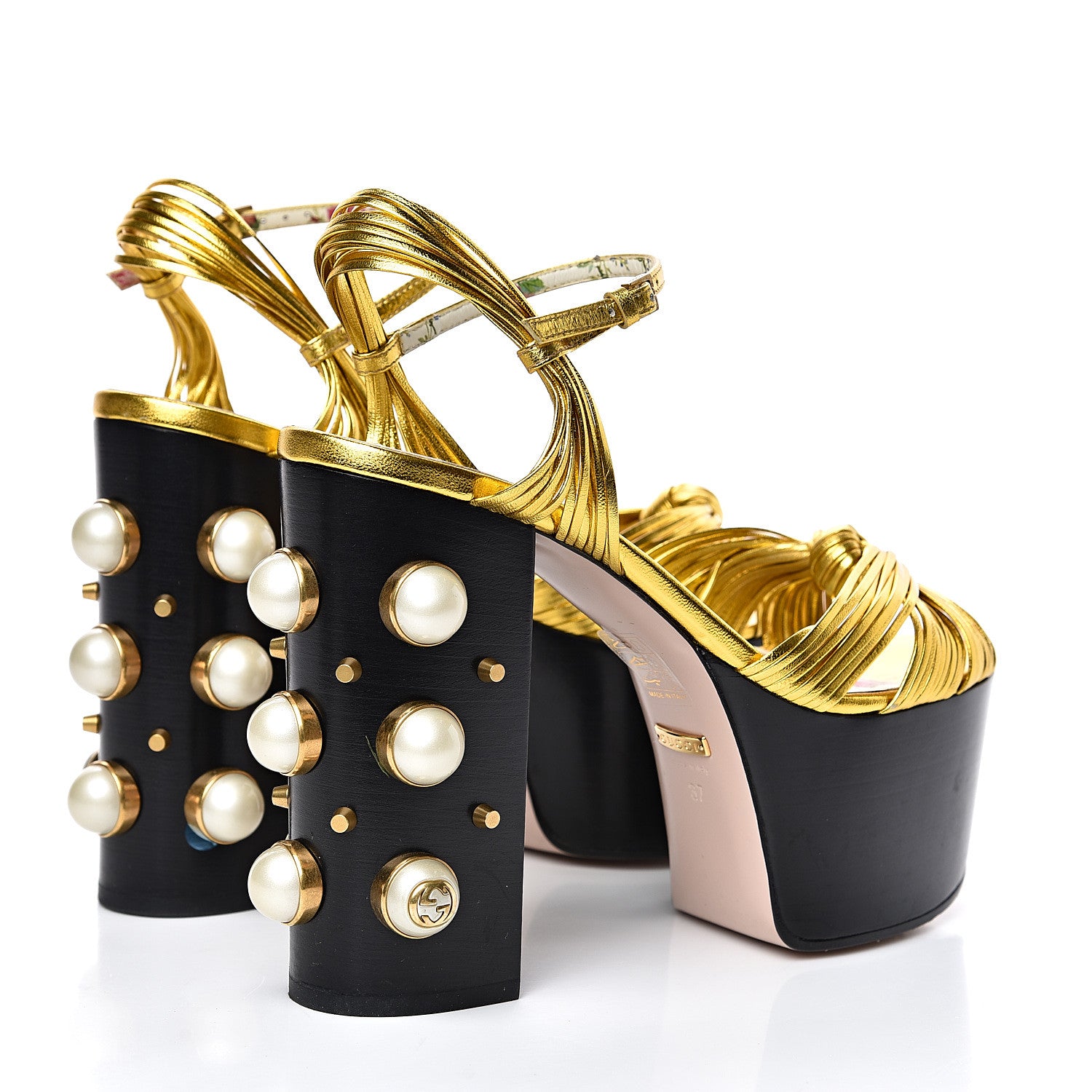 Gucci Malaga Kid Pearl Knot Platform Sandals 37 Black Gold 4 of 11