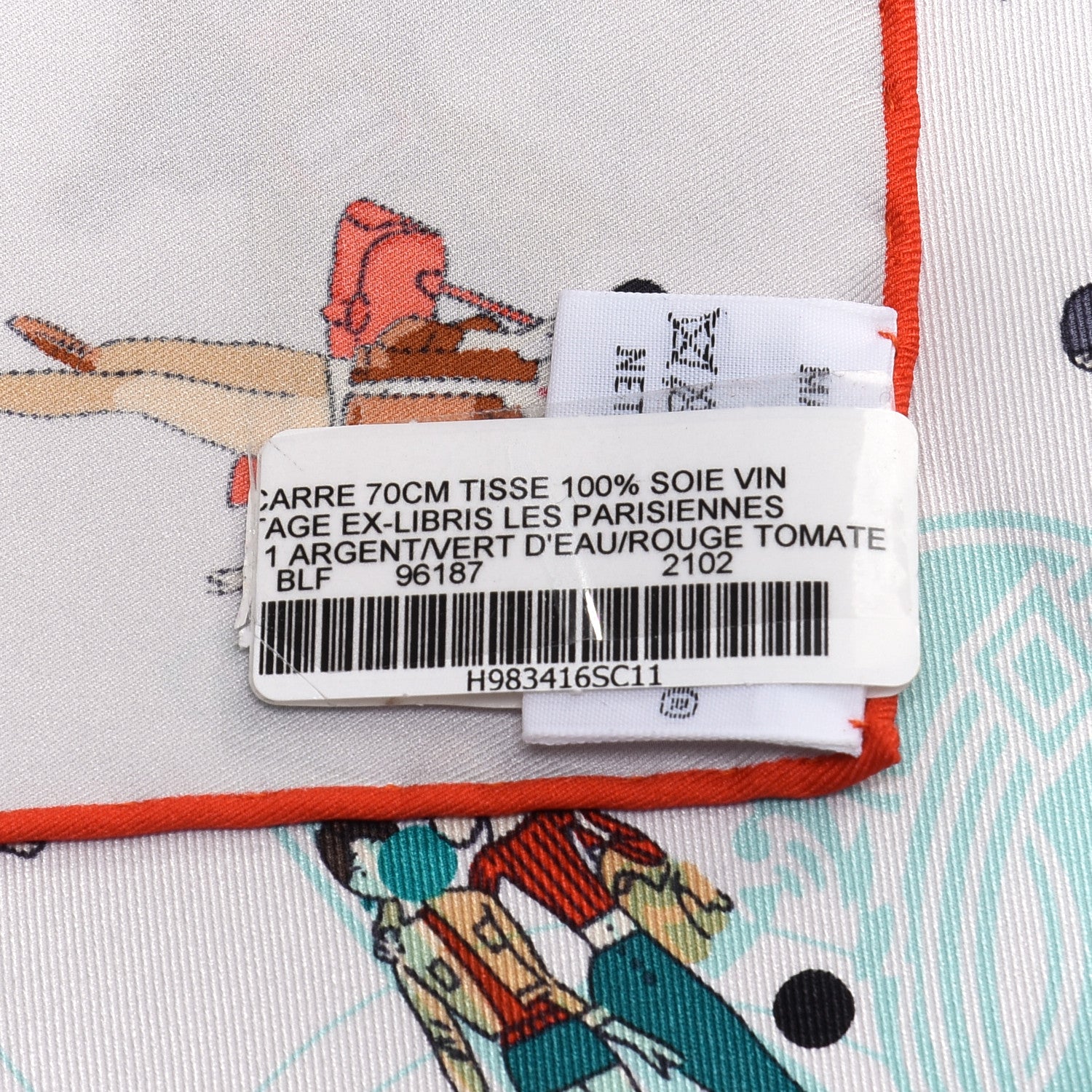 Hermes Silk Ex-Libris Les Parisiennes Scarf 70 Argent Vert D'eau Rouge Tomate 8 of 8