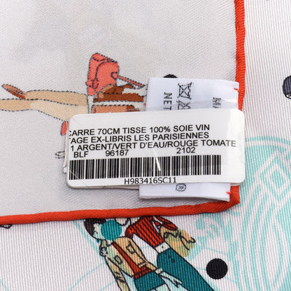 Hermes Silk Ex-Libris Les Parisiennes Scarf 70 Argent Vert D'eau Rouge Tomate 8 of 8