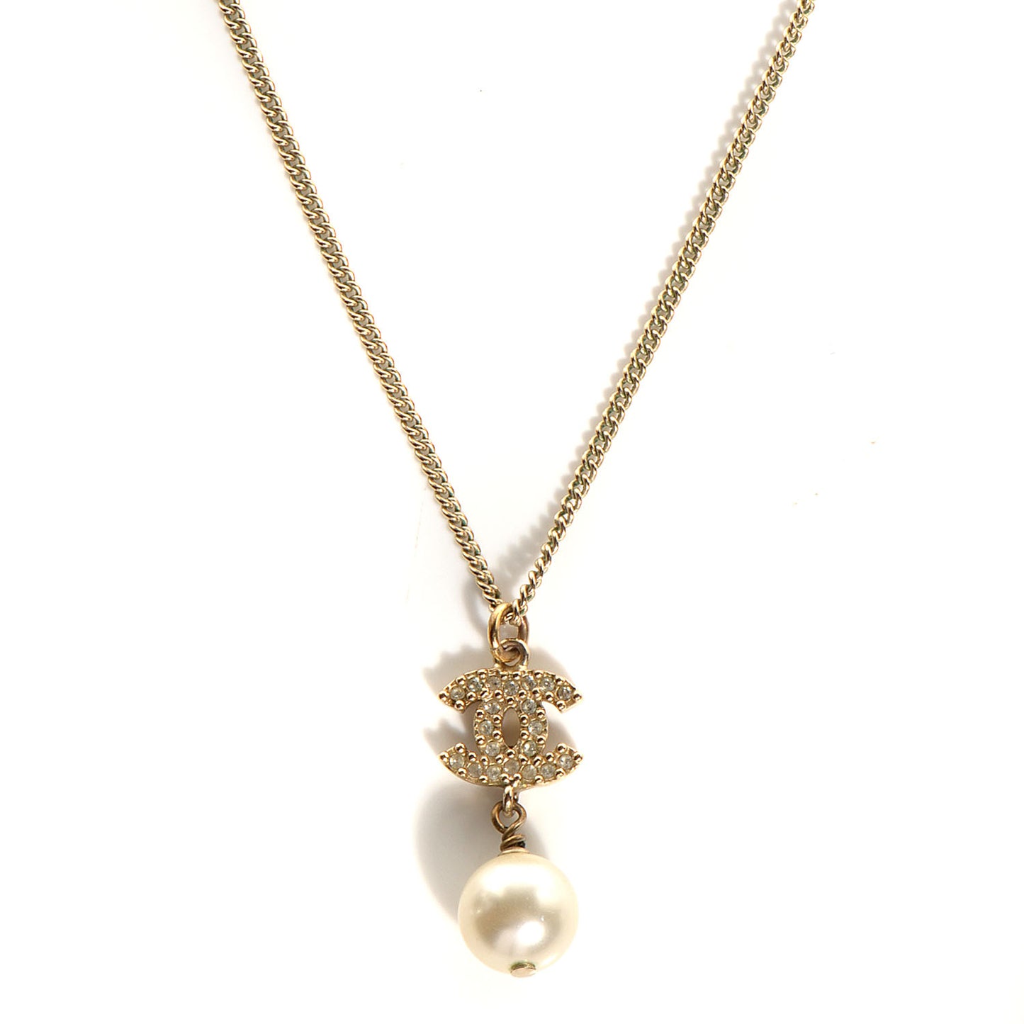 Crystal CC Pearl Drop Necklace Gold
