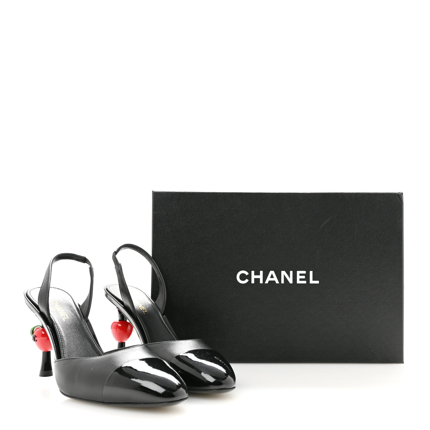 Chanel Lambskin Patent Calfskin Cap Toe CC Apple Slingback Pumps 38.5 Black 10 of 10
