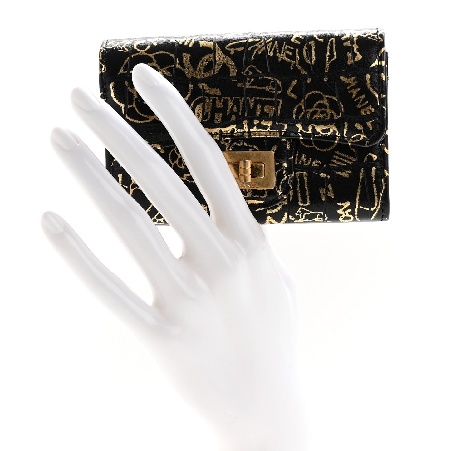 Calfskin Crocodile Embossed Graffiti 2.55 Cocodile Reissue Flap Card Holder Black Gold