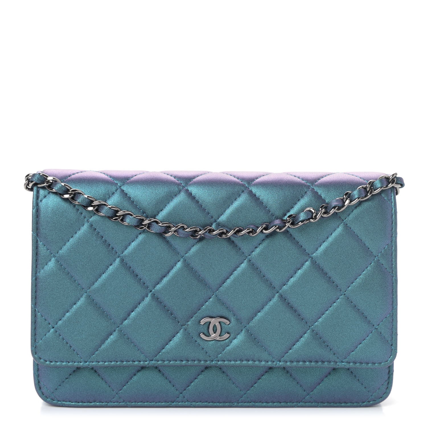 Chanel Metallic Lambskin Wallet On Chain WOC Turquoise 1 of 4