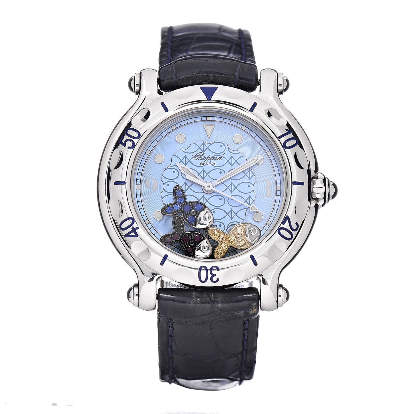 Stainless Steel Alligator Ruby Blue Yellow Sapphire 33mm Happy Sport Fish Quartz Watch Blue