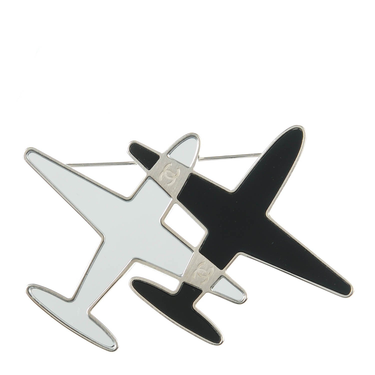 Chanel Metal Resin Mirror CC Airplane Brooch Black Silver 1 of 6