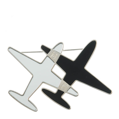 Chanel Metal Resin Mirror CC Airplane Brooch Black Silver 1 of 6