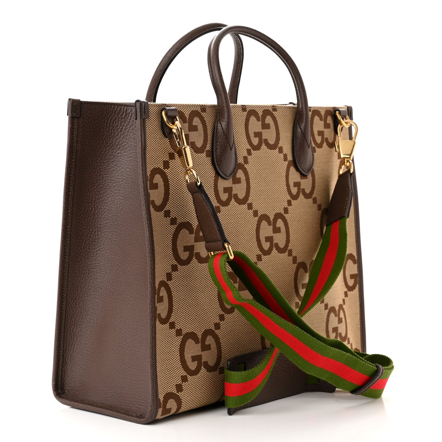 Monogram Jumbo GG Textured Dollar Calfskin Web Tote Bag Camel Ebony New Acero