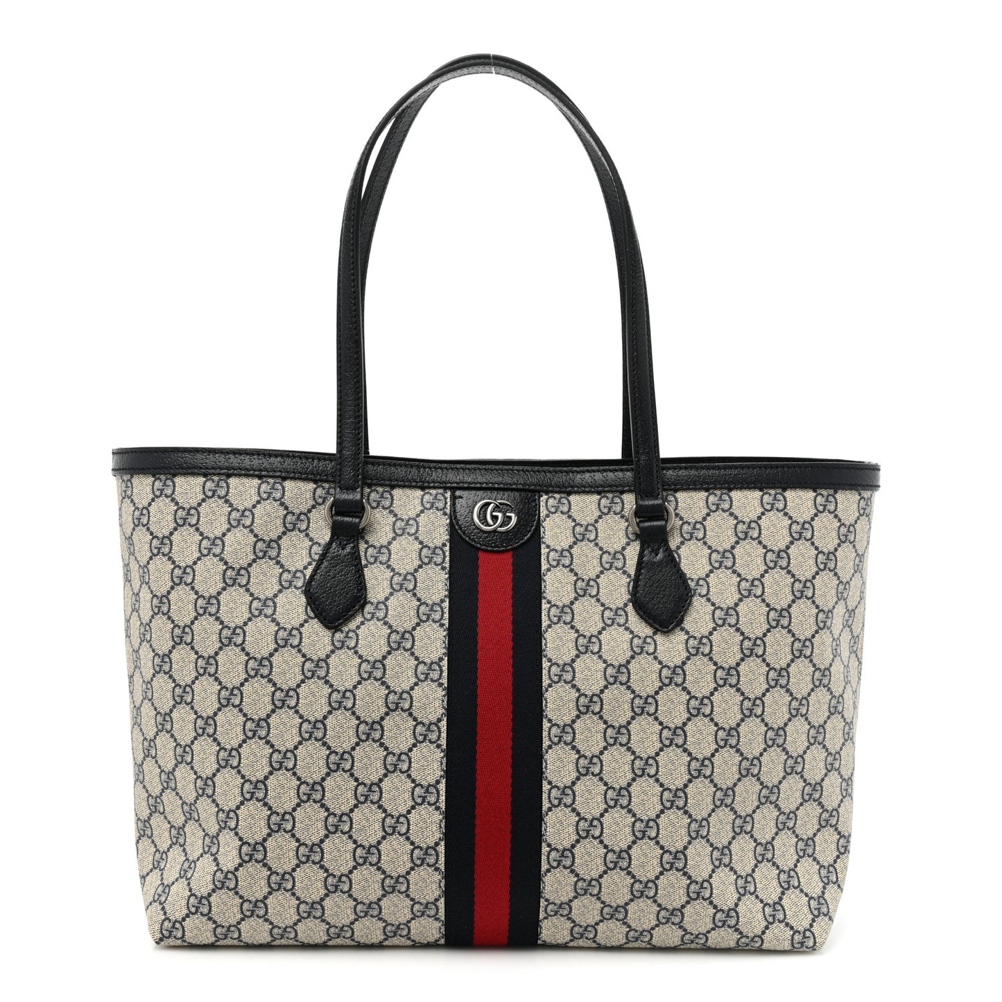 GG Supreme Monogram Textured Calfskin Web Medium Ophidia Shopping Tote Beige Blue