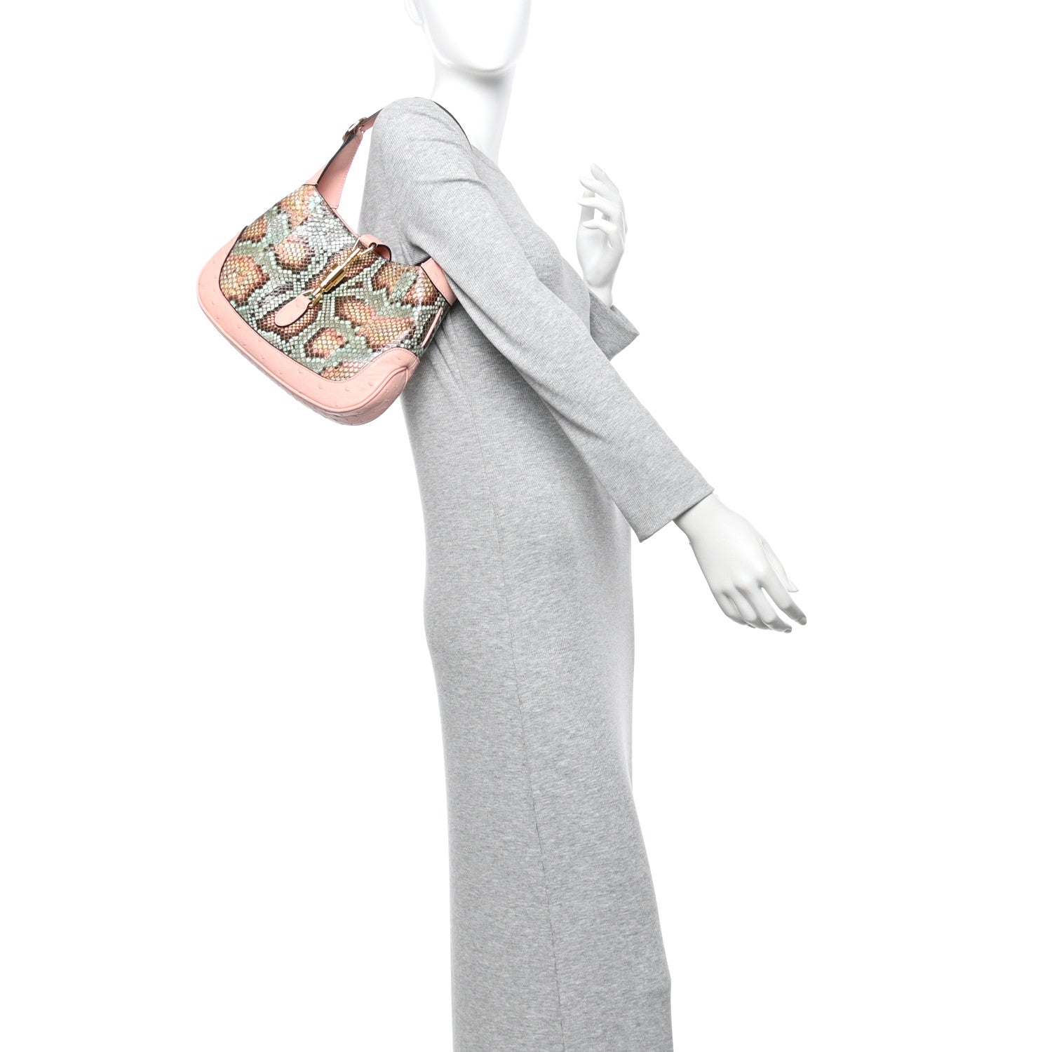 Gucci Snakeskin Ostrich Calfskin Small Jackie 1961 Hobo Pink Multicolor 2 of 15