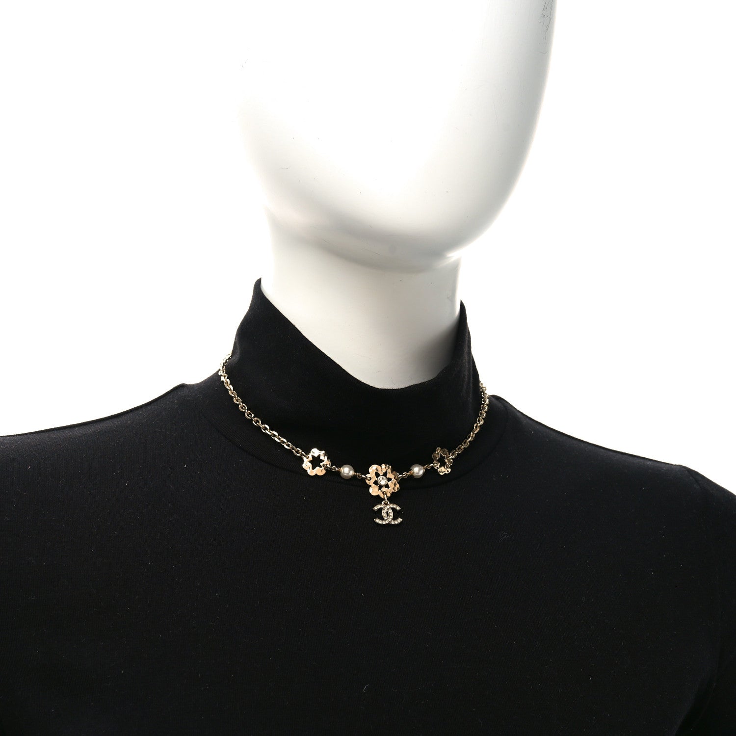 Chanel Metal Crystal Pearl CC Camellia Choker Necklace Gold 2 of 4