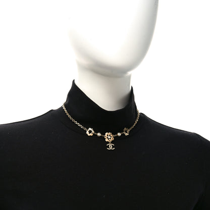 Chanel Metal Crystal Pearl CC Camellia Choker Necklace Gold 2 of 4
