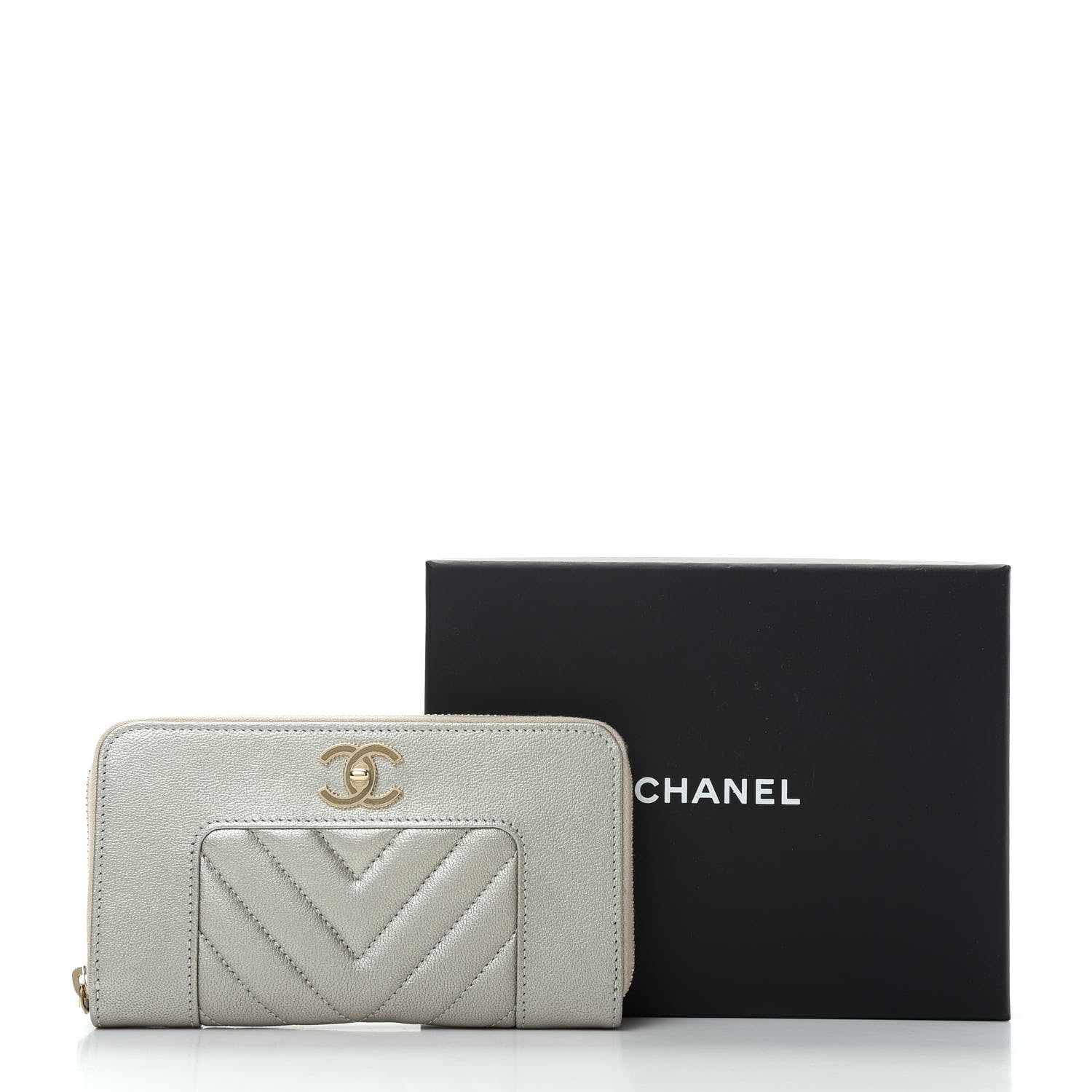Chanel Metallic Sheepskin Chevron Quilted Medium Mademoiselle Vintage Zip Around Wallet Silver 9 of 9