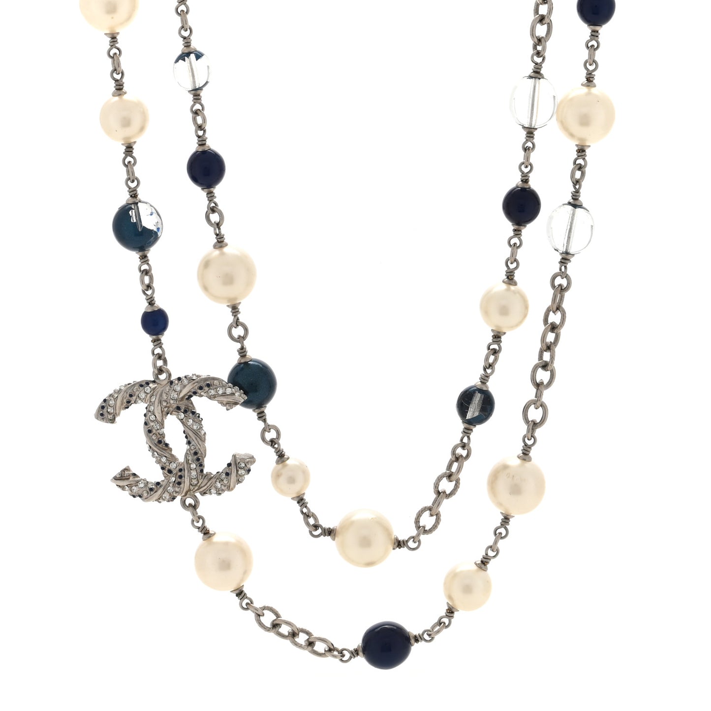 Pearl Bead Crystal Twisted CC Long Necklace Silver Blue