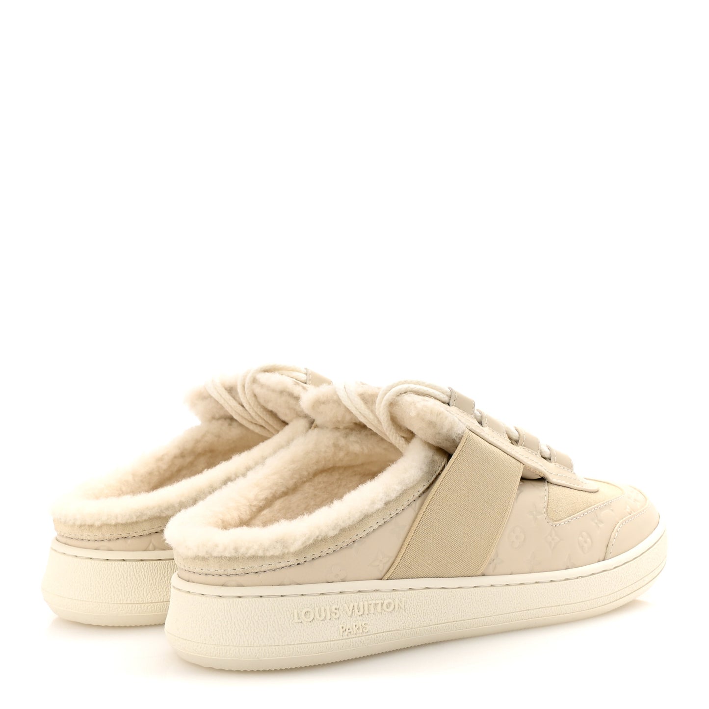 Suede Monogram Debossed Shearling Lous Open Back Sneakers 38 Light Beige