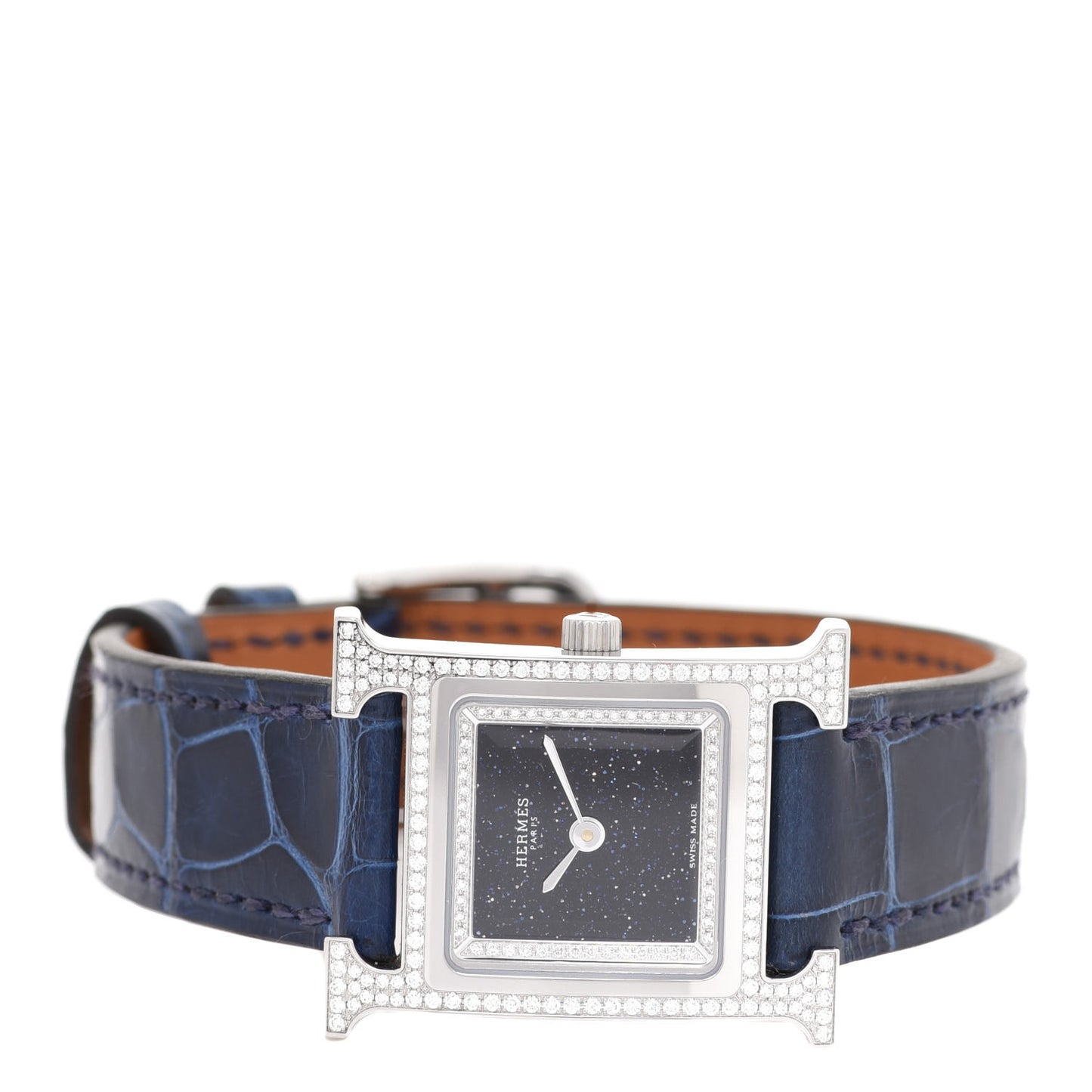Stainless Steel Alligator Diamond Bezel Aventurine 21mm Heure H Hour Quartz Watch Bleu Saphir