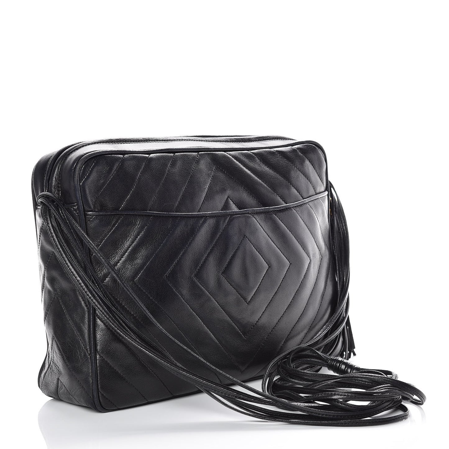 Lambskin Chevron Quilted Tassel Camera Case Black
