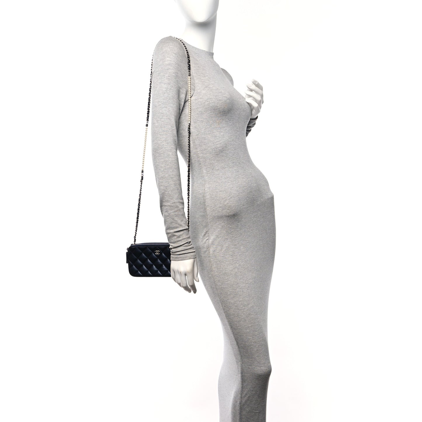 Lambskin Quilted Small Clutch With Pearl Chain Navy Blue