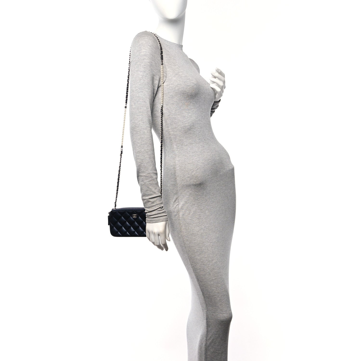 Chanel Lambskin Quilted Small Clutch With Pearl Chain Navy Blue 2 of 13