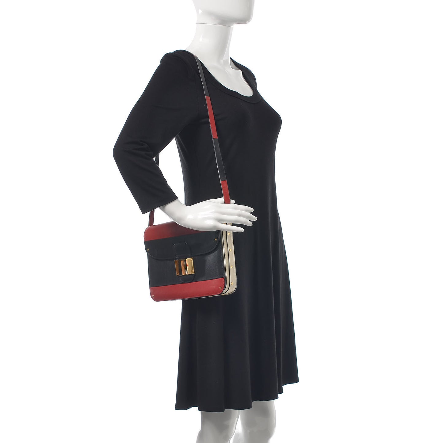 Calfskin Rivet Colorblock Shoulder Bag Black Red