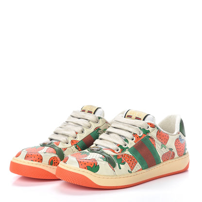 Gucci Calfskin Web Strawberry Print Womens Screener Sneakers 35.5 Ivory Red Vintage Green 3 of 7