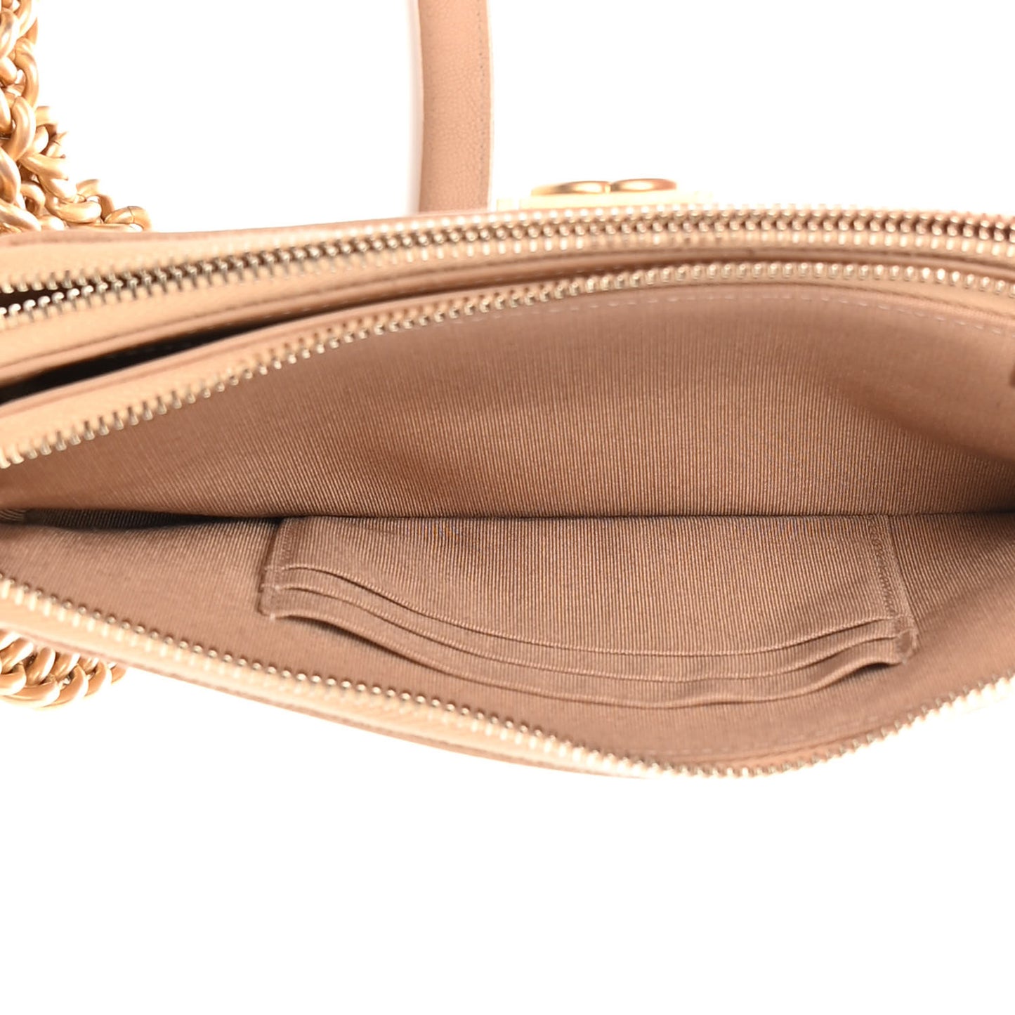 Caviar Quilted Small Boy Clutch With Chain Beige