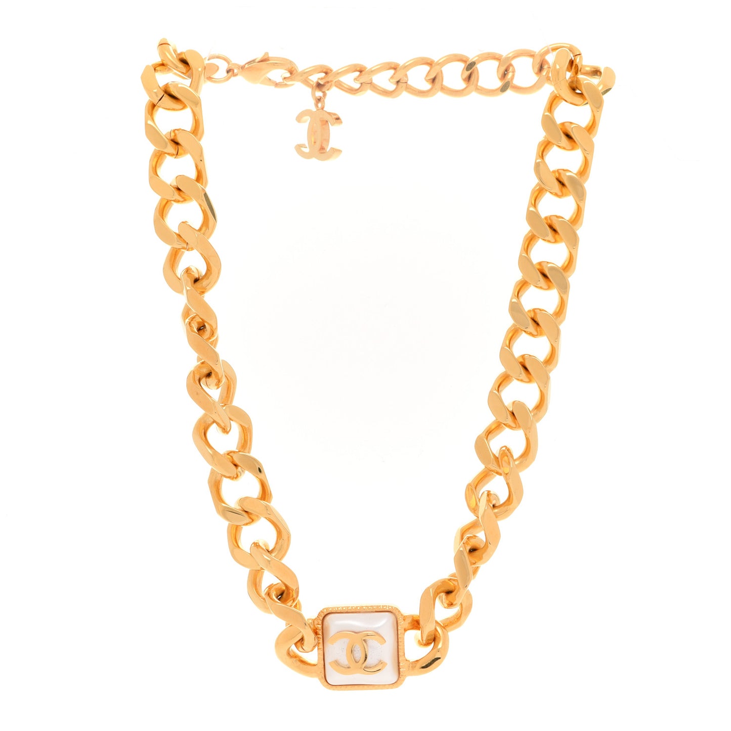 Pearl CC Chain Link Choker Necklace Gold