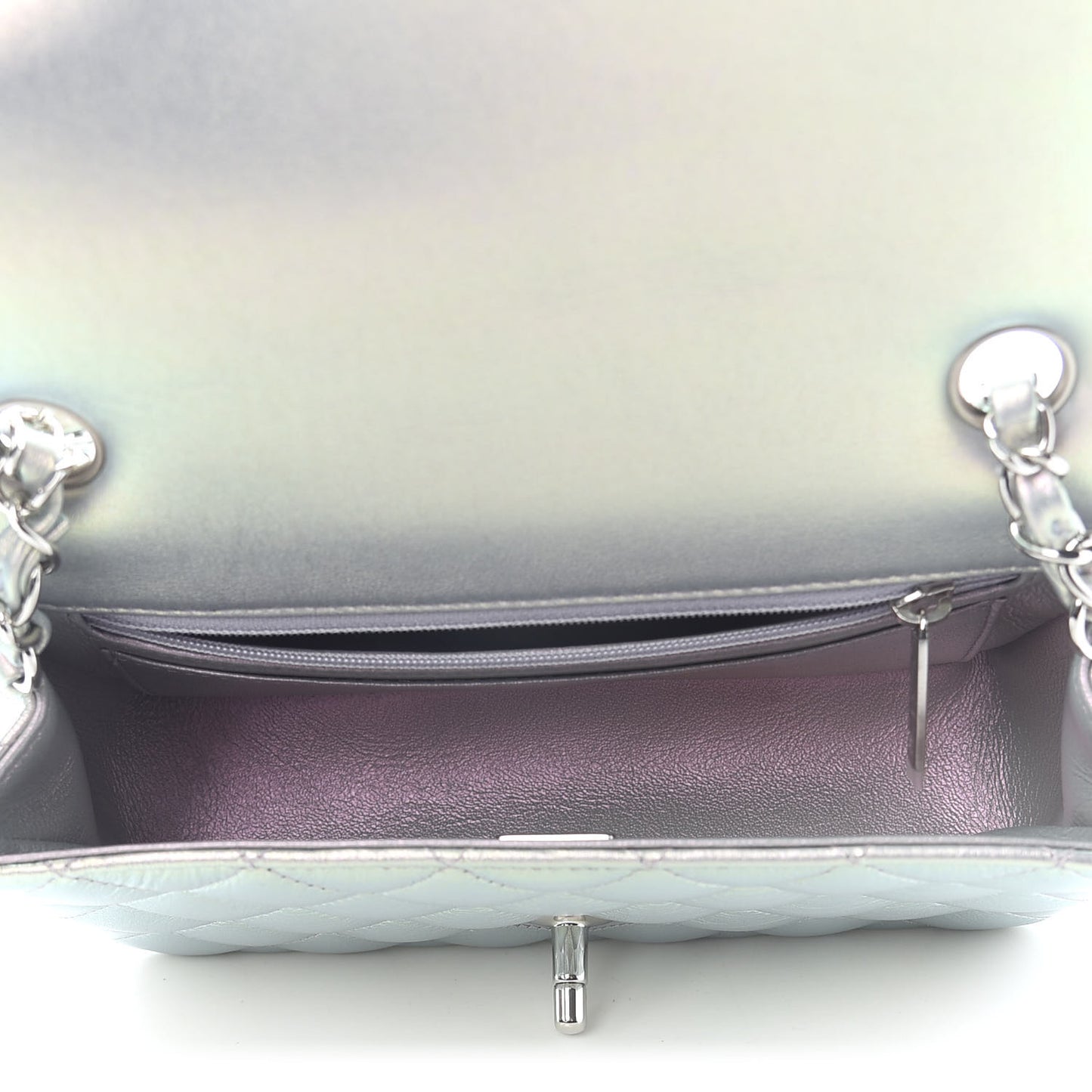 Iridescent Calfskin Quilted Mini Rectangular Flap Light Purple
