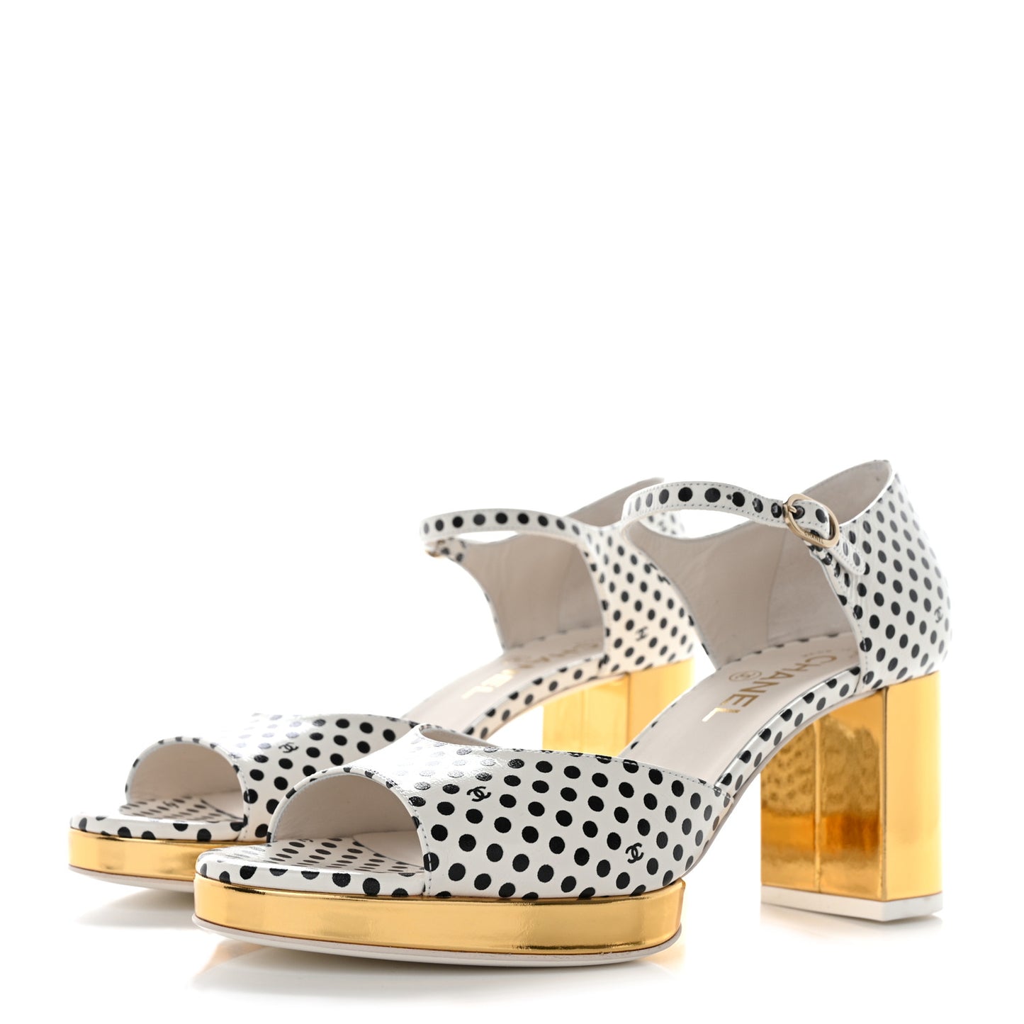 Printed Calfskin Polka Dot CC Platform Sandals 38 Ivory Black