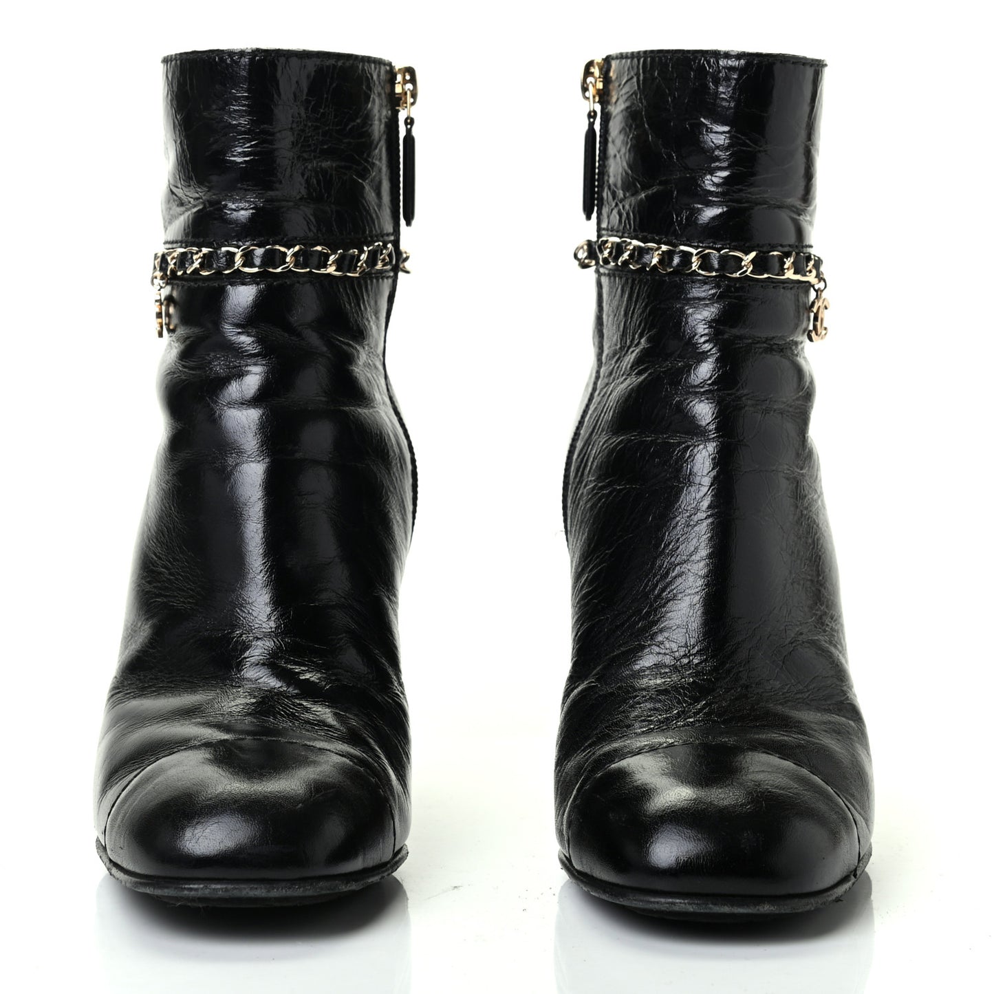 Crumpled Calfskin Cap Toe Chain Short Boots 38.5 Black