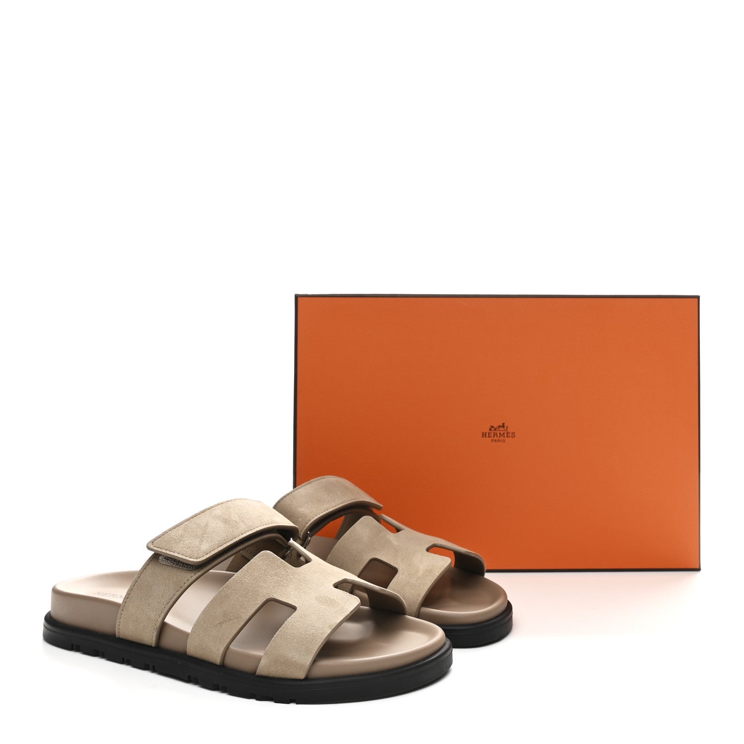 Hermes Suede Goatskin Womens Chypre Sandals 37.5 Beige Sable