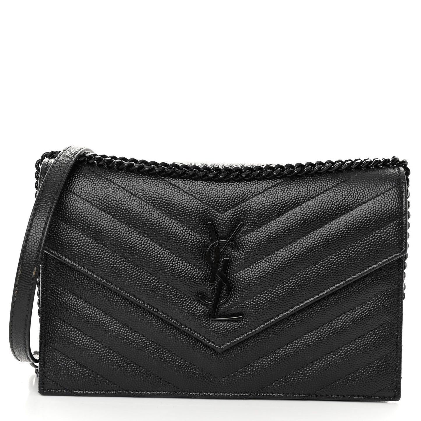 SAINT LAURENT Grain De Poudre Matelasse Chevron Monogram Monochrome Envelope Chain Wallet Black