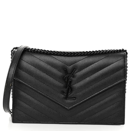 Saint Laurent SAINT LAURENT Grain De Poudre Matelasse Chevron Monogram Monochrome Envelope Chain Wallet Black 1 of 10