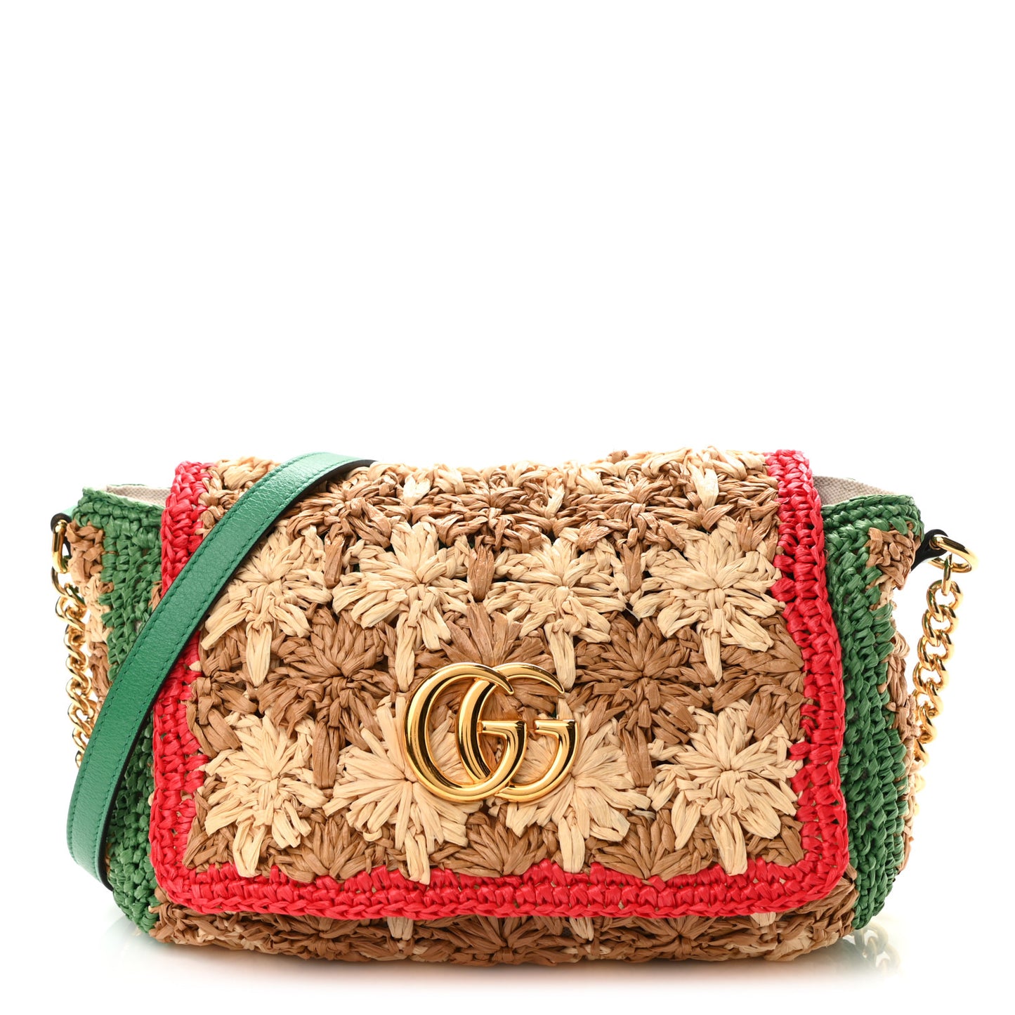Raffia Azalea Calfskin Crochet Flower Small GG Marmont Shoulder Bag Natural Ecru Green Red New Shamarock