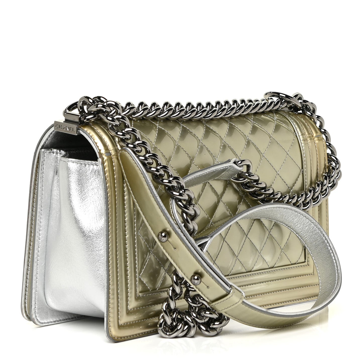 Metallic Patent Calfskin Quilted Medium Boy Flap Silver