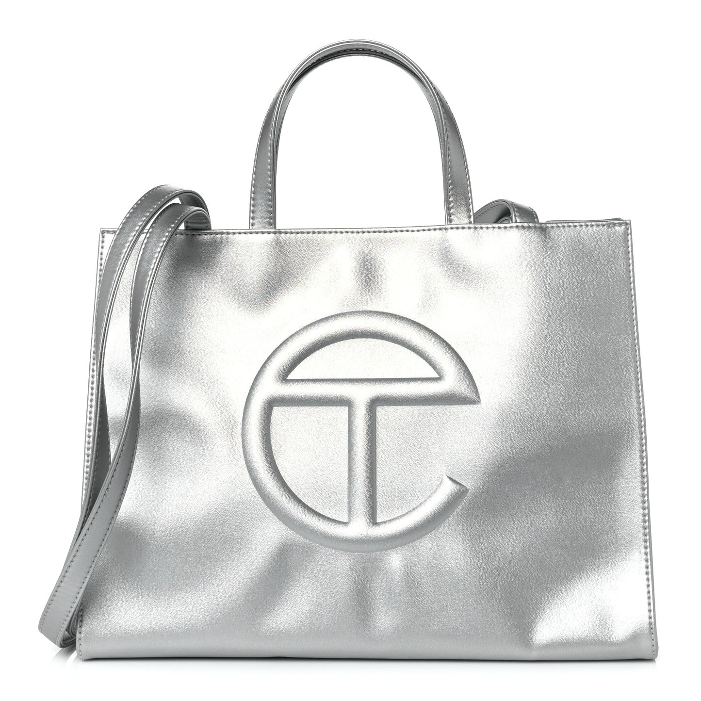 Metallic Vegan Leather Medium Shopping Bag Silver