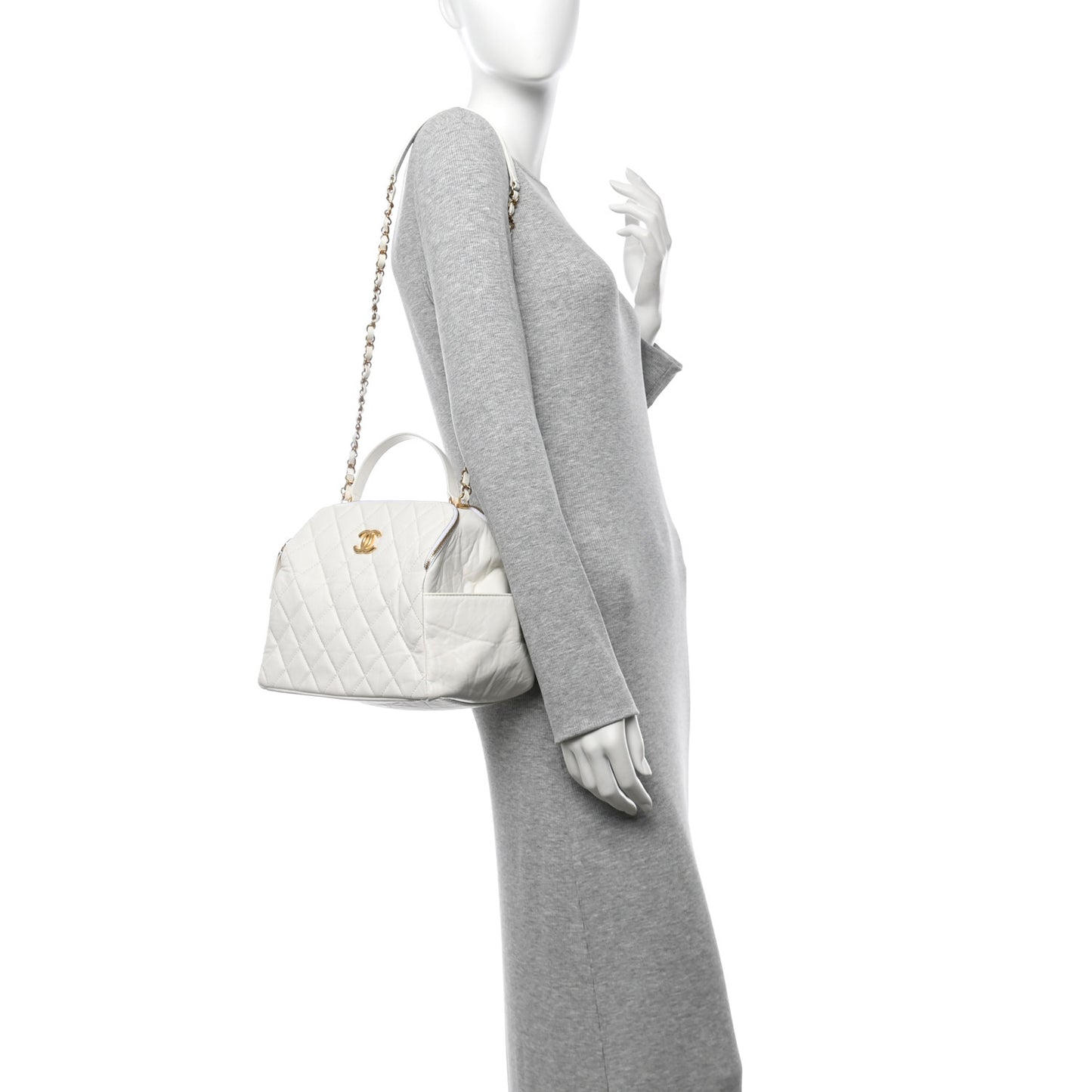 Aged Calfskin Quilted Double Sided Bowling Bag White