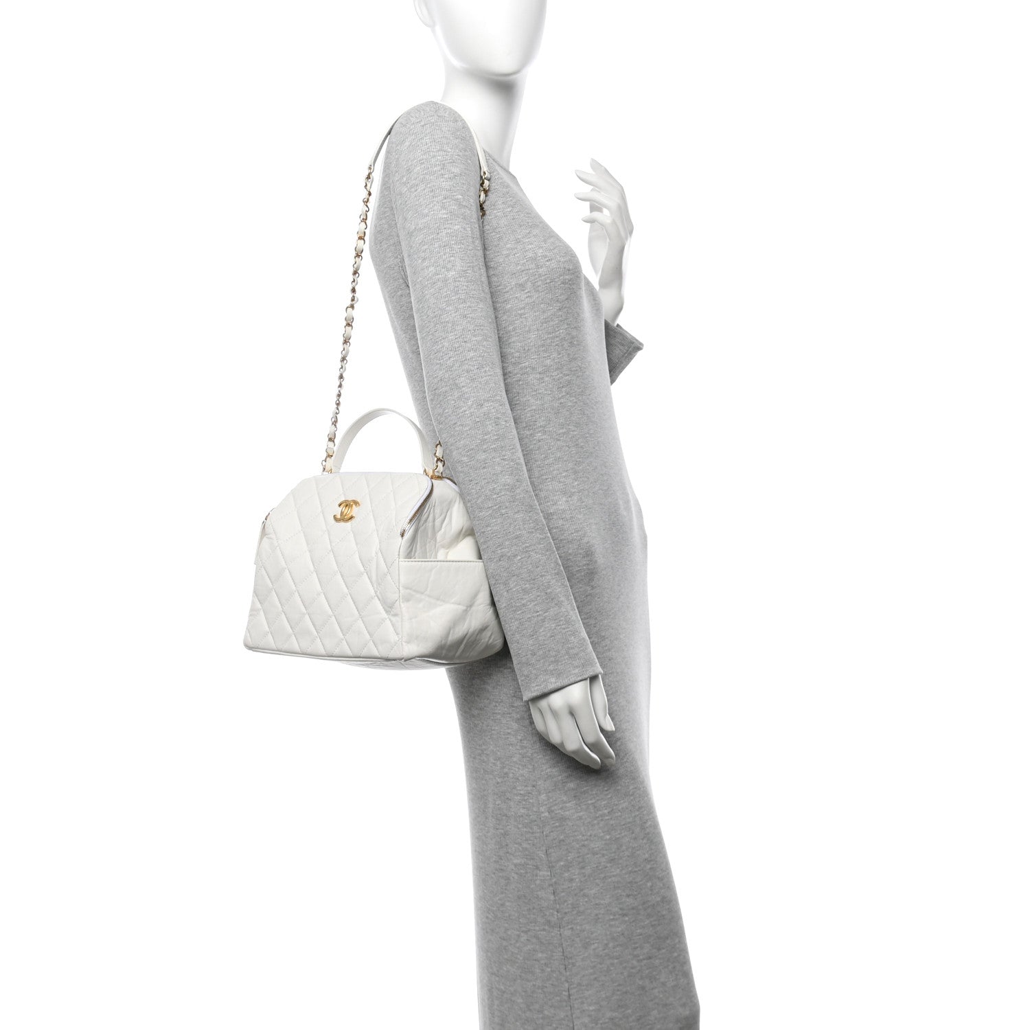 Chanel Aged Calfskin Quilted Double Sided Bowling Bag White 2 of 13